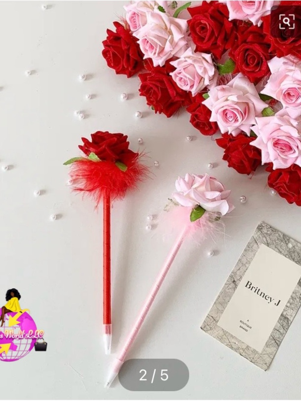 Floral Rose Top Feather ink pens- Red or Pink ( 1 )